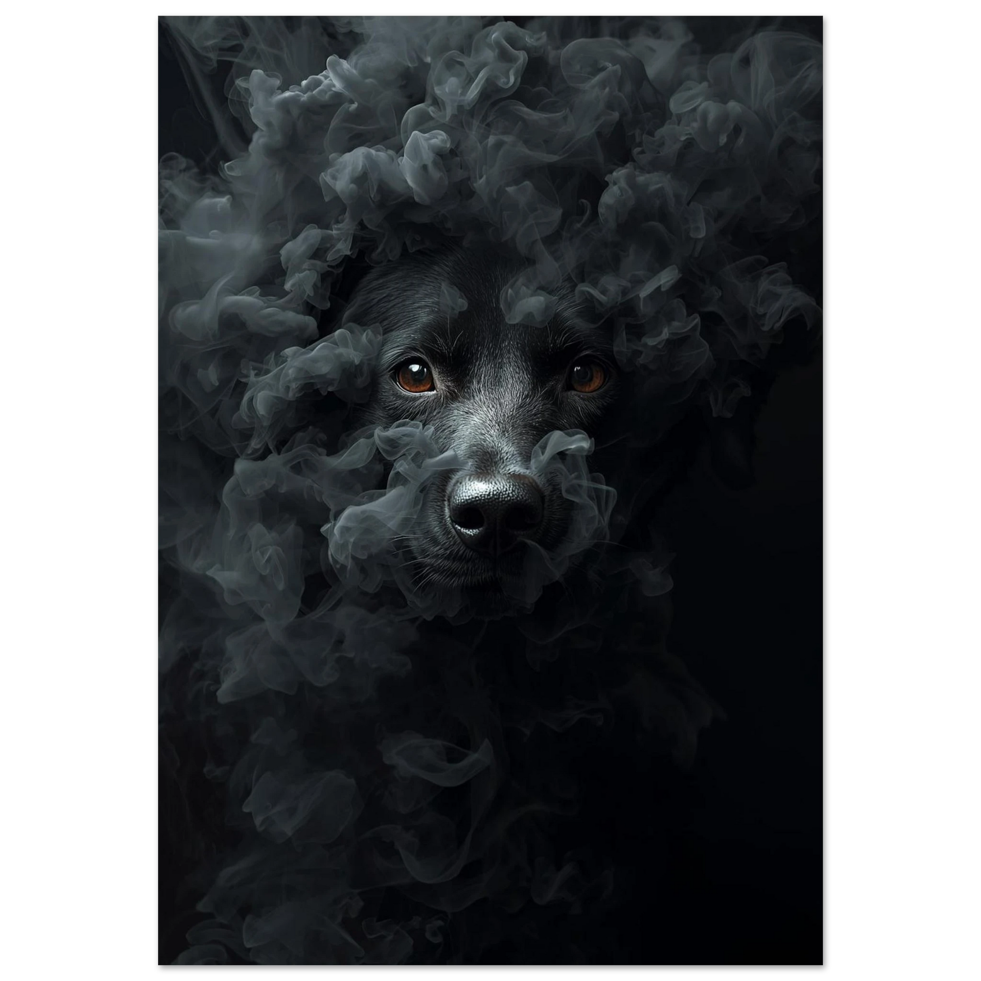 Svart hund framträder ur rök och mörka moln – Målad Poster