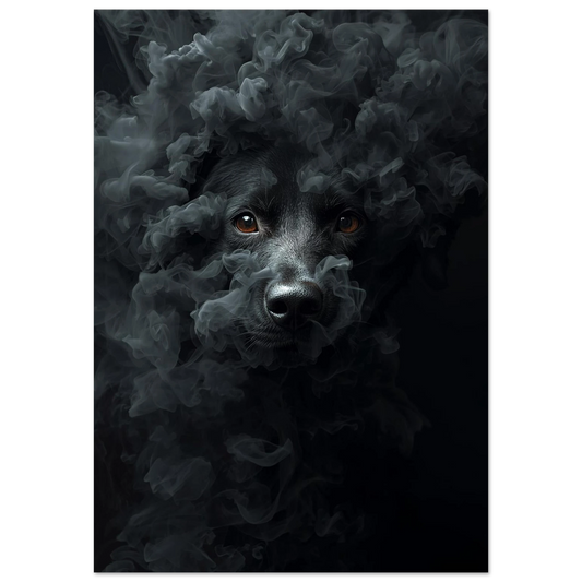 Svart hund framträder ur rök och mörka moln – Målad Poster