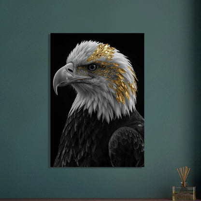 Majestätisk örn med gyllene detaljer, svartvit, intensiv blick.