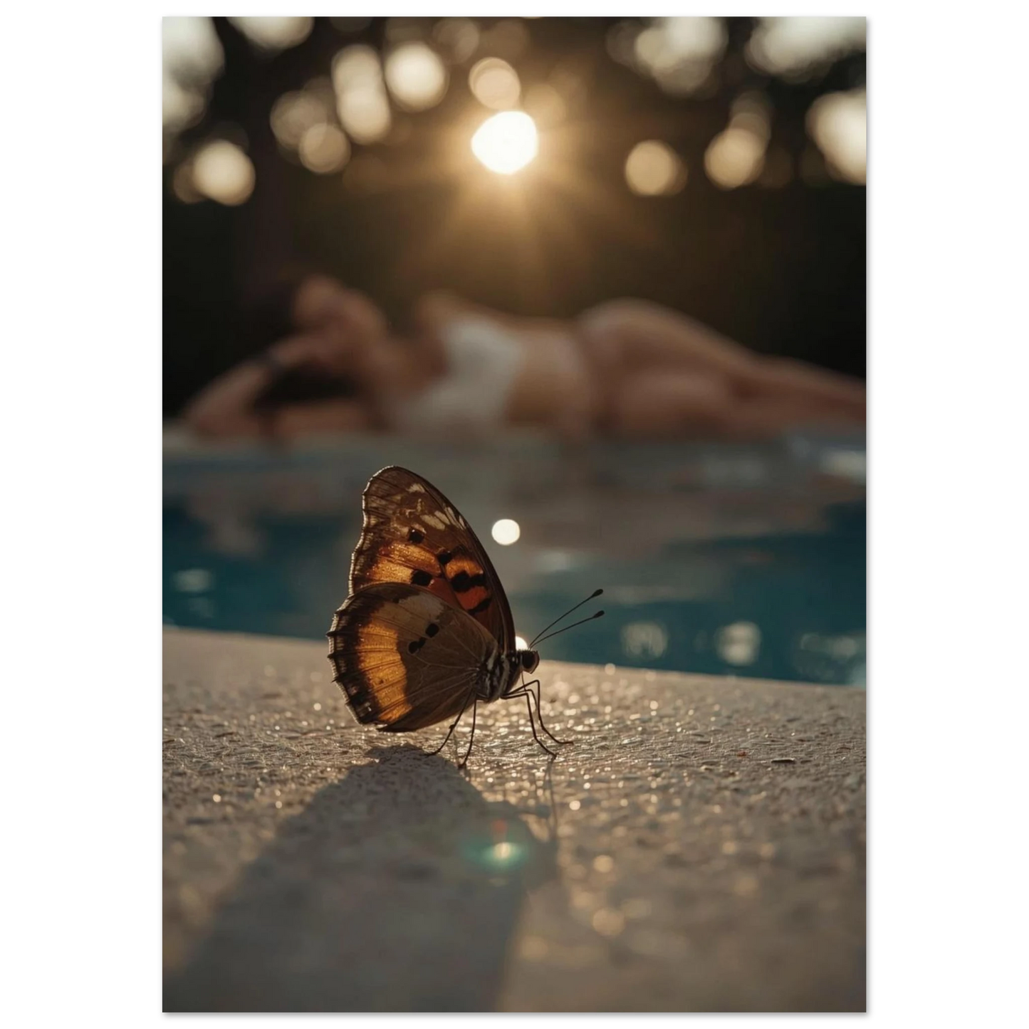 Detaljrik fjärilsposter med mjuk bokeh-bakgrund och glittrande vattenreflexer