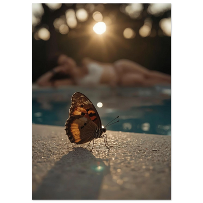 Detaljrik fjärilsposter med mjuk bokeh-bakgrund och glittrande vattenreflexer
