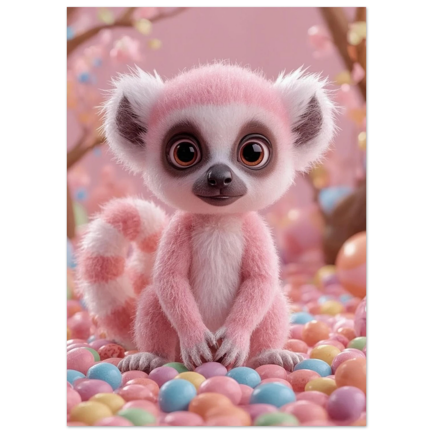 Närbild på en pastellrosa lemur med stora bruna ögon – digital konst