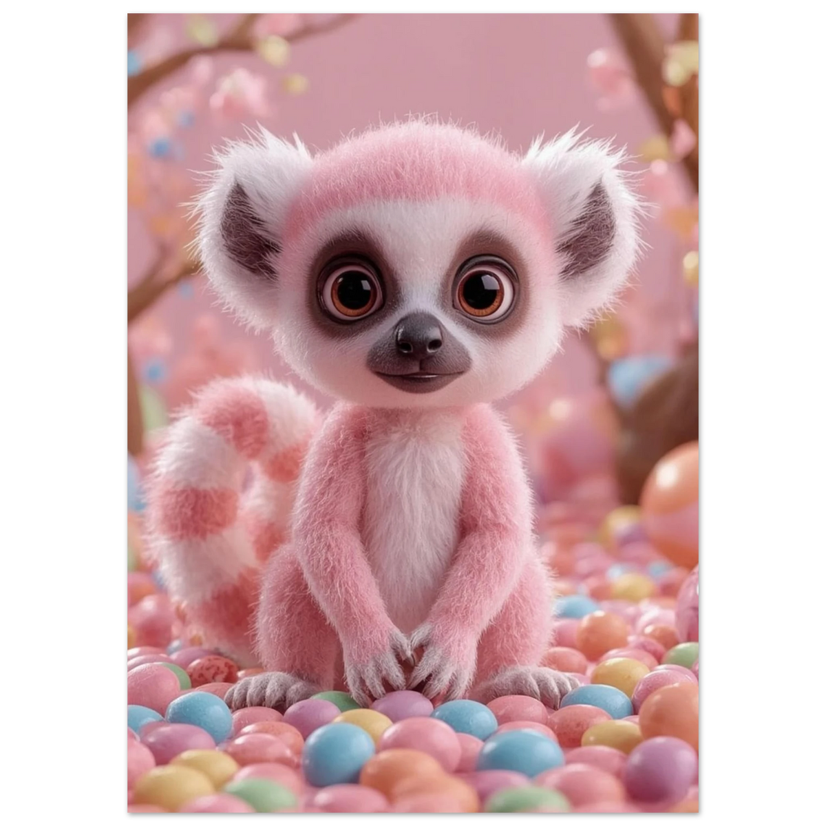 Närbild på en pastellrosa lemur med stora bruna ögon – digital konst