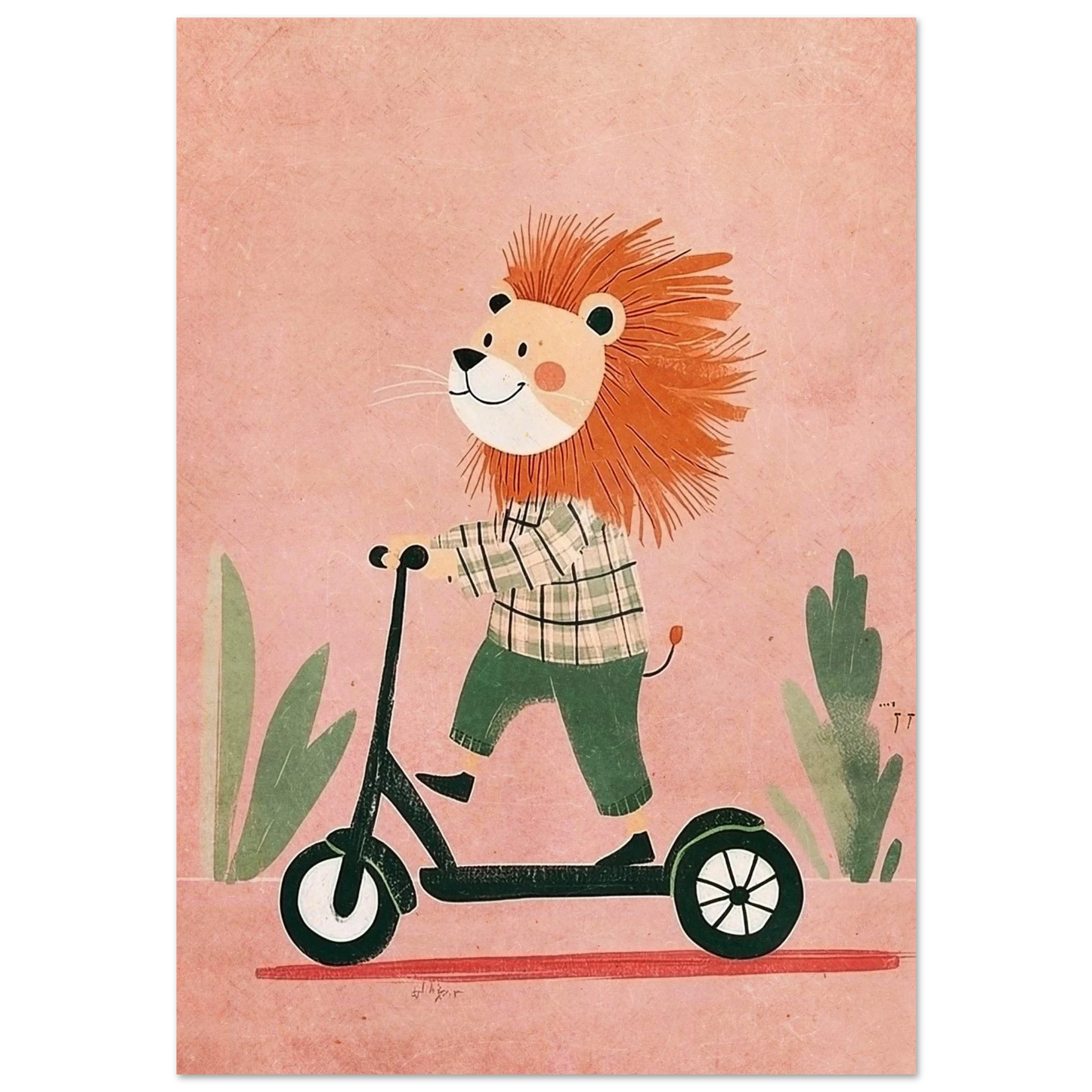 Lejon på sparkcykel i grönrutig skjorta – lekfull rosa barnposter