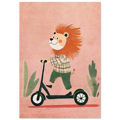 Lejon på sparkcykel i grönrutig skjorta – lekfull rosa barnposter