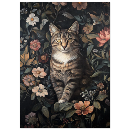 Närbild på kattmotiv omgiven av rosa och vita blommor – tavla