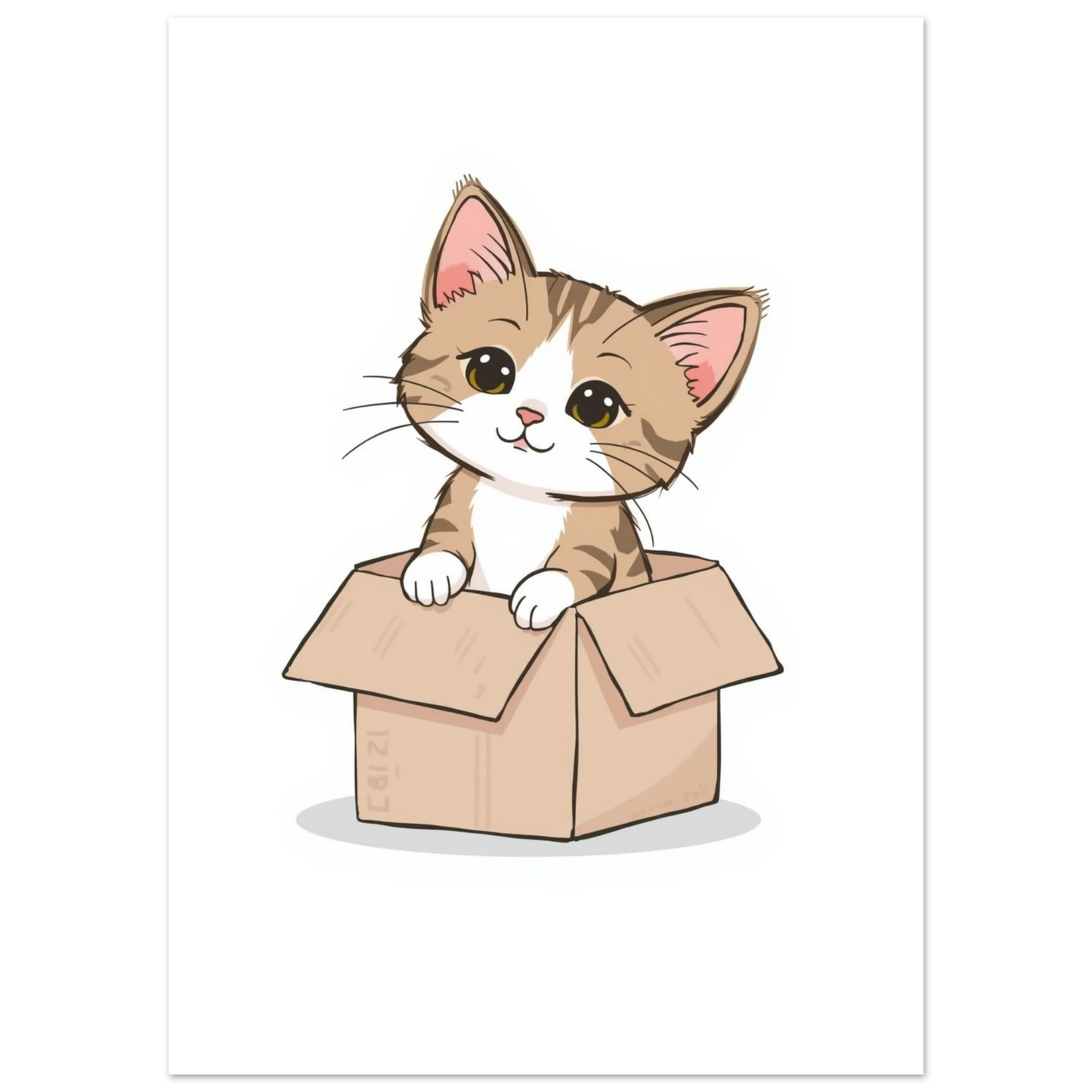 Kawaii illustration av en randig kattunge som kikar ur en låda