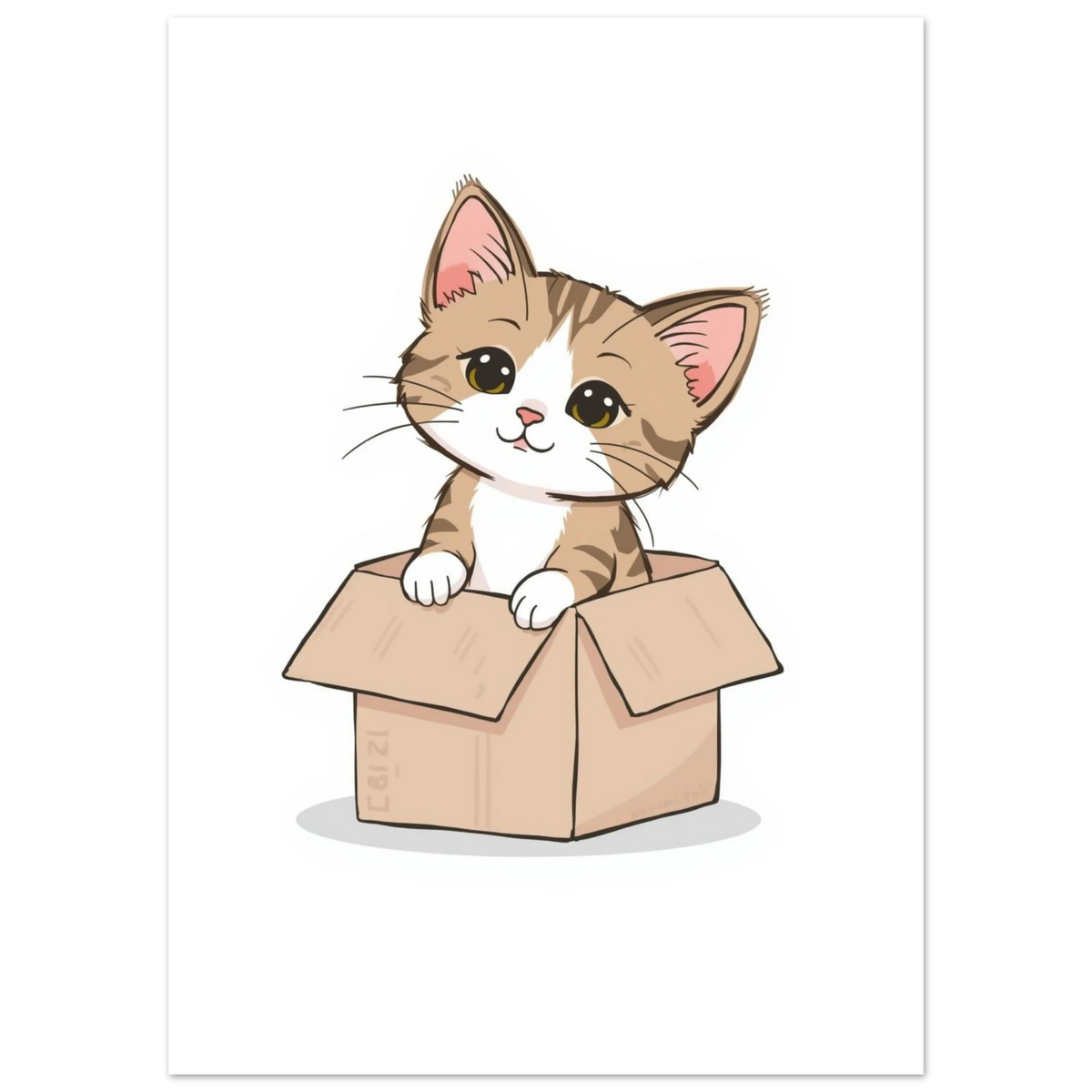 Kawaii illustration av en randig kattunge som kikar ur en låda