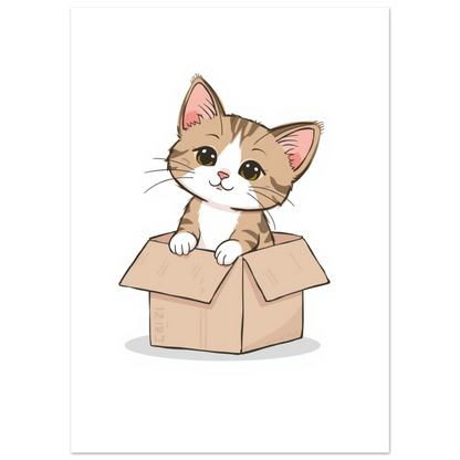 Kawaii illustration av en randig kattunge som kikar ur en låda