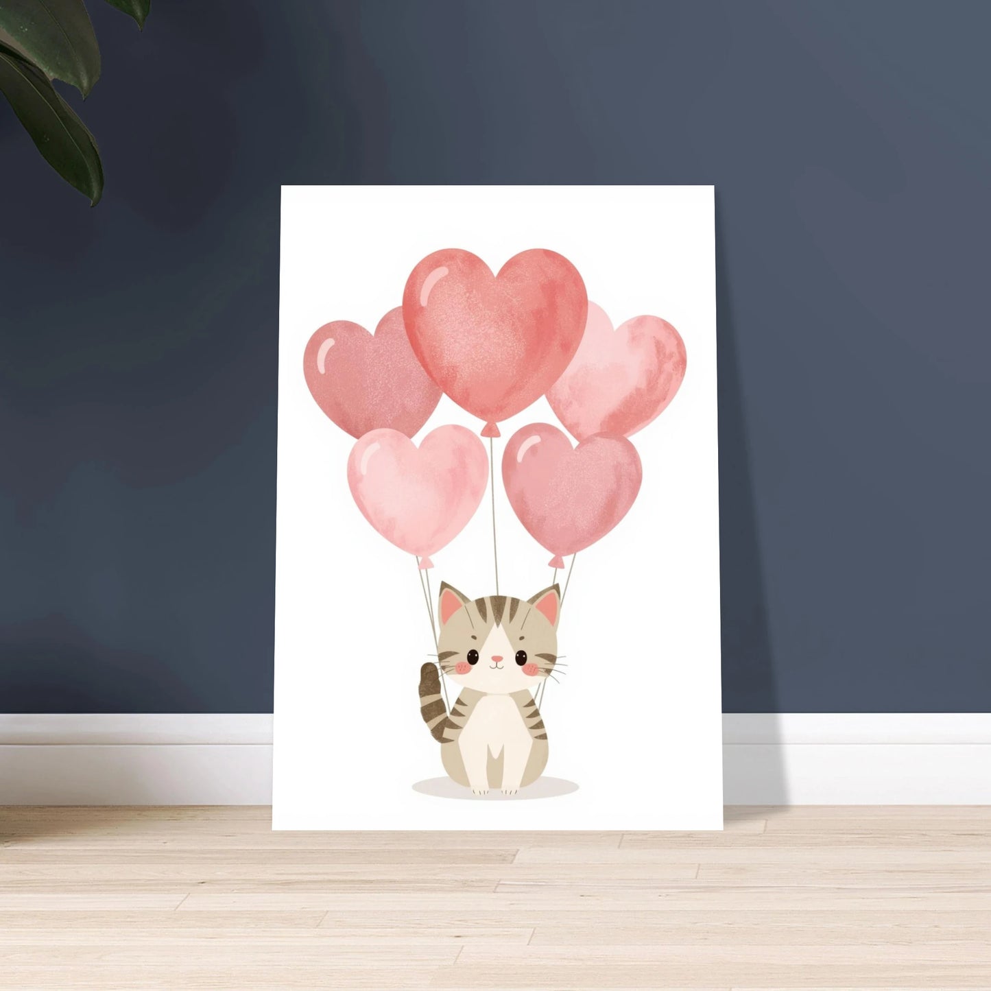 Söt kattunge håller i rosa hjärtballonger, kawaii-stil