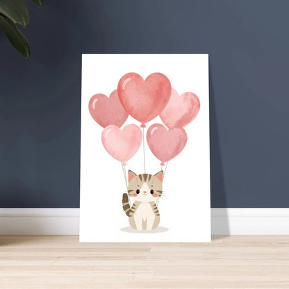 Söt kattunge håller i rosa hjärtballonger, kawaii-stil