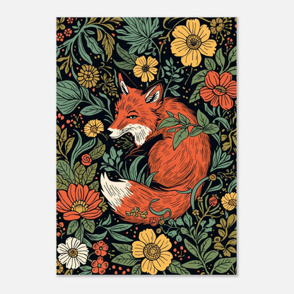 Dekorativt print av en räv i en blomstrande trädgård, grafisk stil