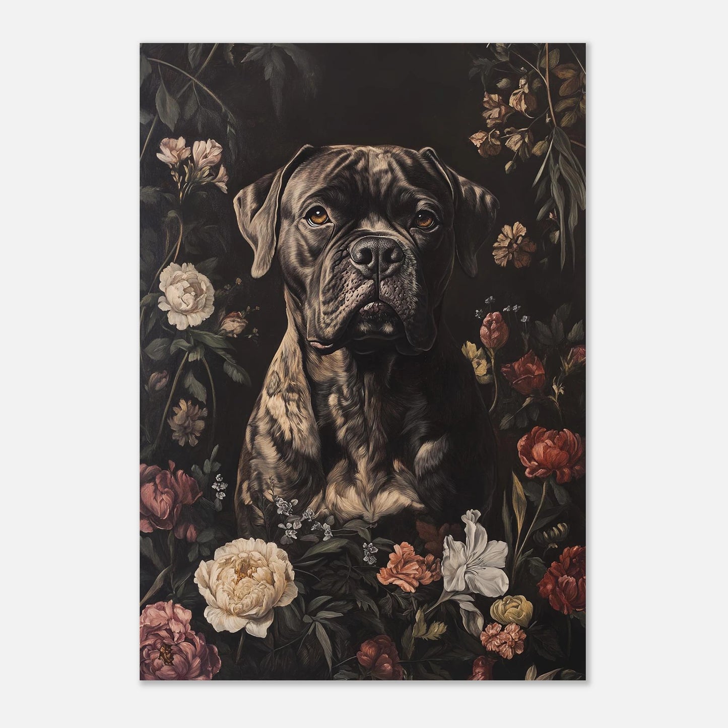 Själfull hundposter med blommiga detaljer i dova färger – vacker hundtavla
