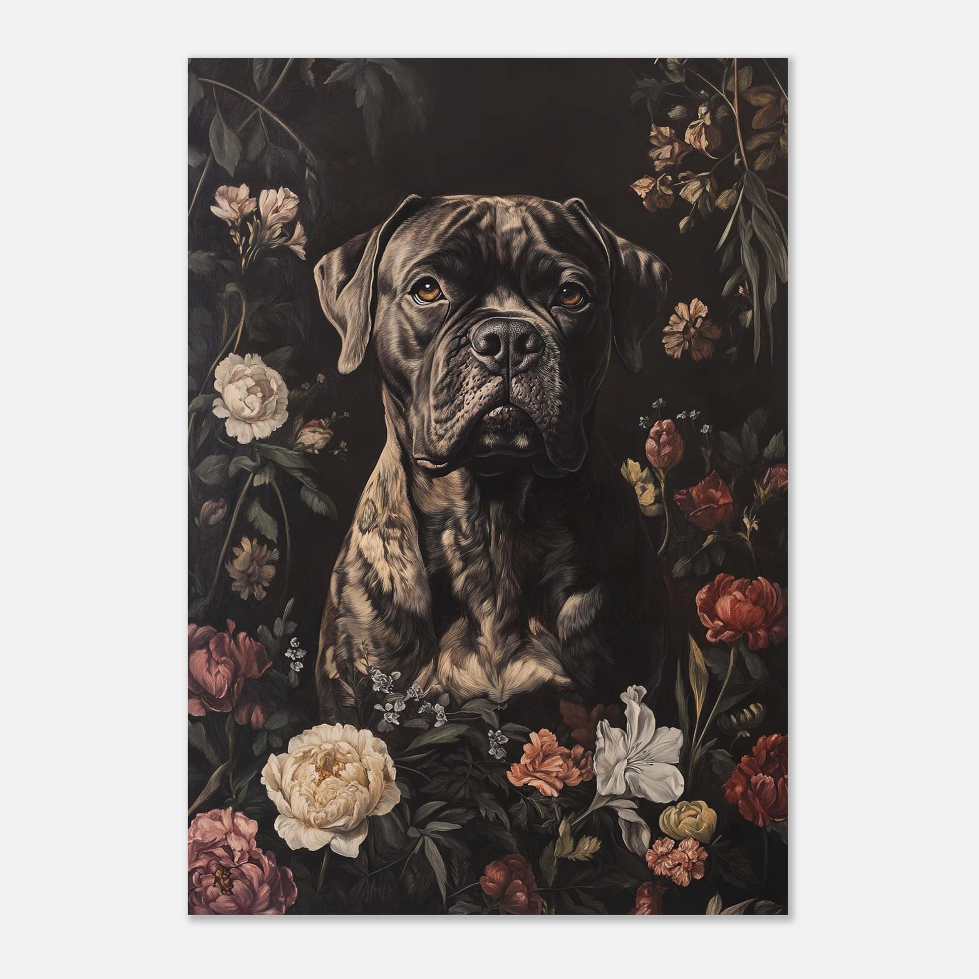 Själfull hundposter med blommiga detaljer i dova färger – vacker hundtavla
