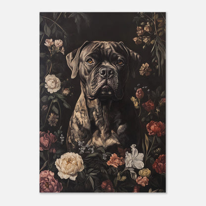 Själfull hundposter med blommiga detaljer i dova färger – vacker hundtavla