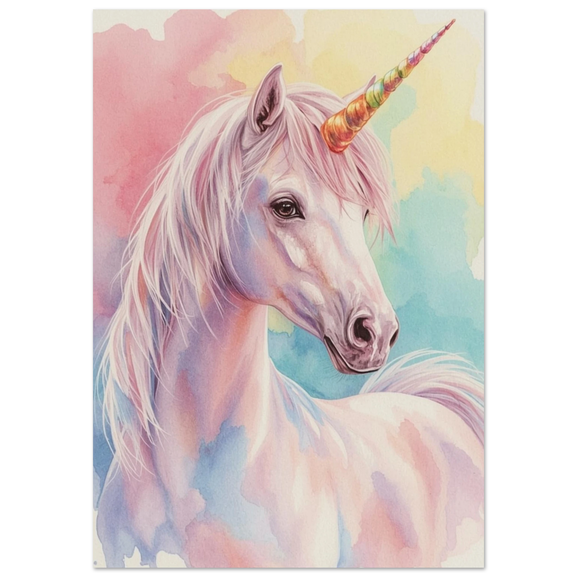 Närbild på en vit enhörning med färgglatt horn – målad poster