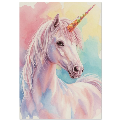 Närbild på en vit enhörning med färgglatt horn – målad poster