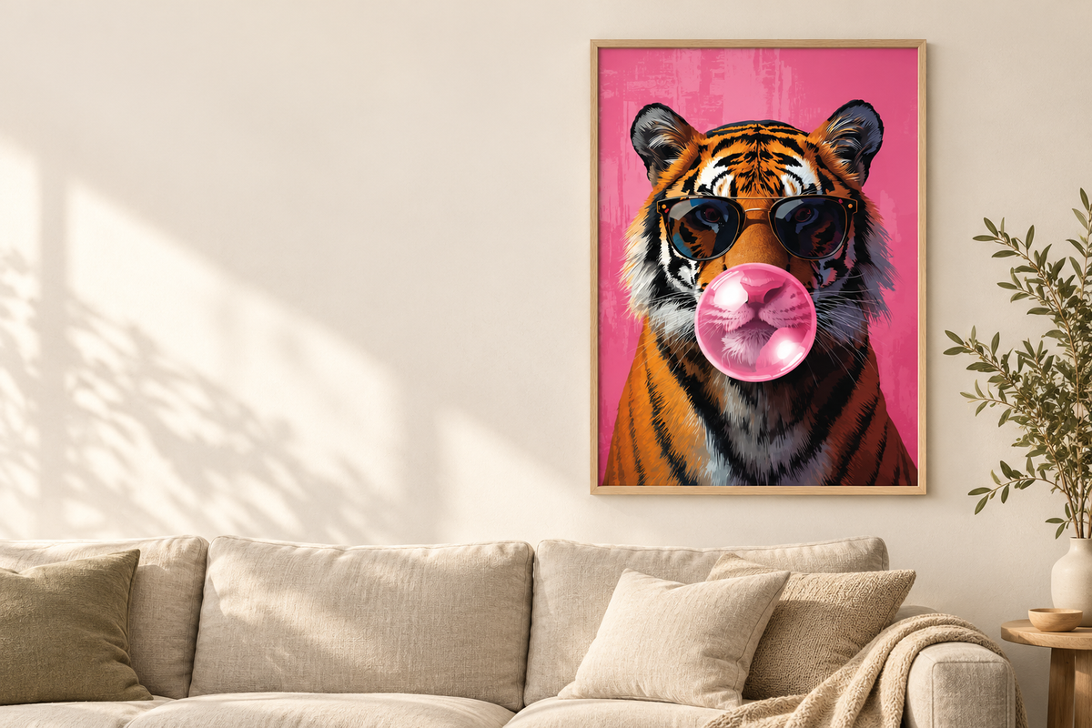 Tiger Pop i ekram ovanför en ljus linnesoffa