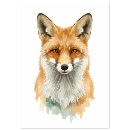 Porträtt av en räv med intensiva ögon mot vit bakgrund – målad poster