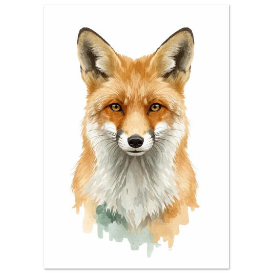 Porträtt av en räv med intensiva ögon mot vit bakgrund – målad poster