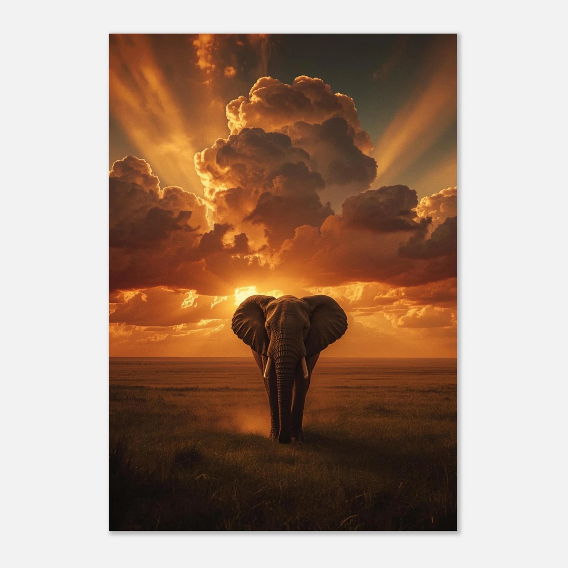 Fotorealistisk djurposter av en elefant i varmt motljus på afrikanska slätten