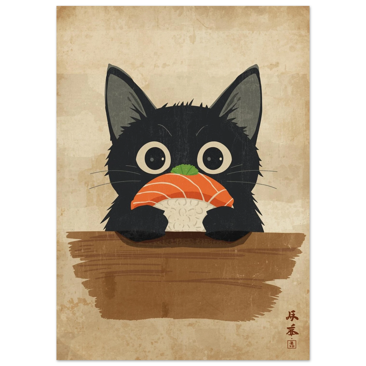 Närbild av tecknad svart katt som håller sushi, med japanska tecken i hörnet – Tecknad poster