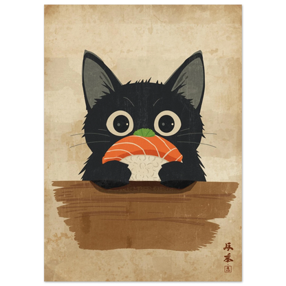 Närbild av tecknad svart katt som håller sushi, med japanska tecken i hörnet – Tecknad poster