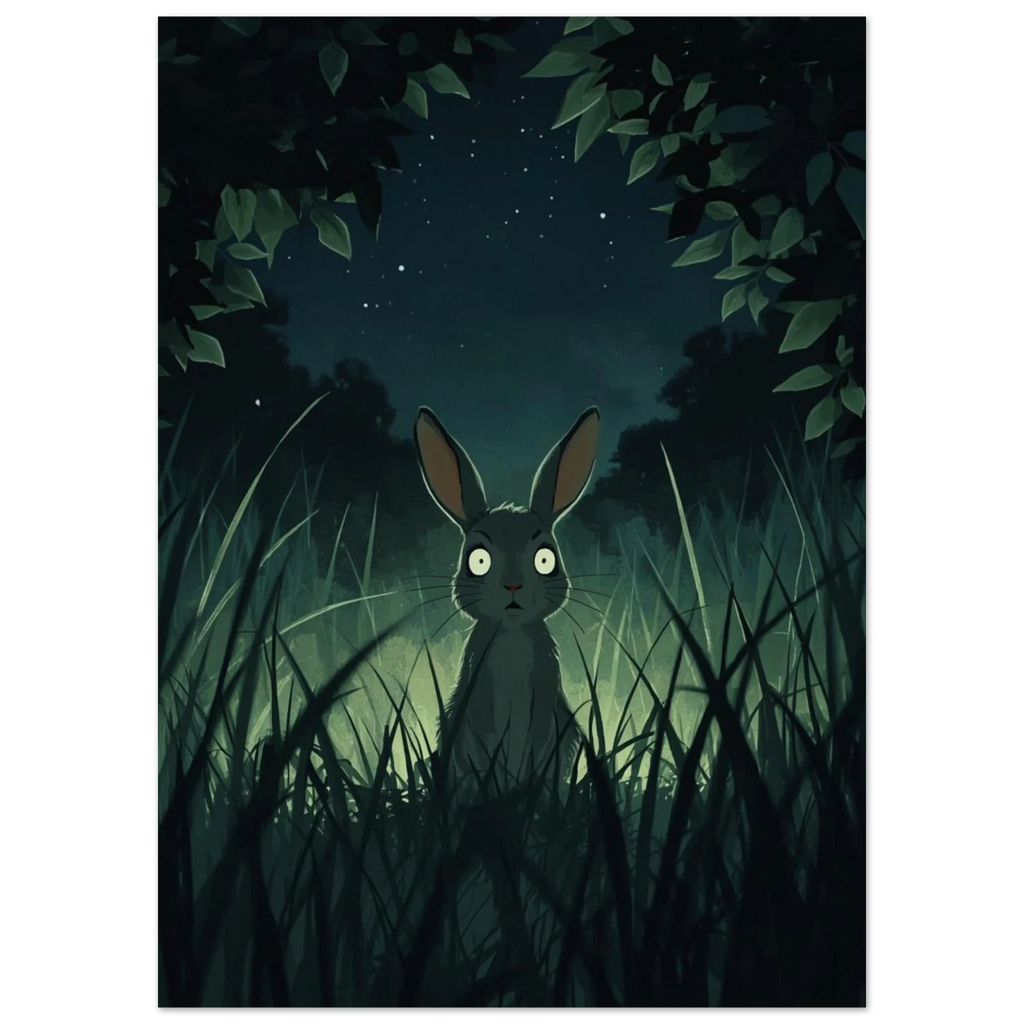 Mörkgrön illustration av en kanin i skogen med lysande bakgrund