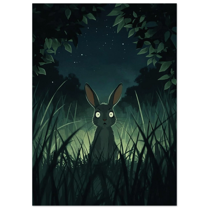 Mörkgrön illustration av en kanin i skogen med lysande bakgrund