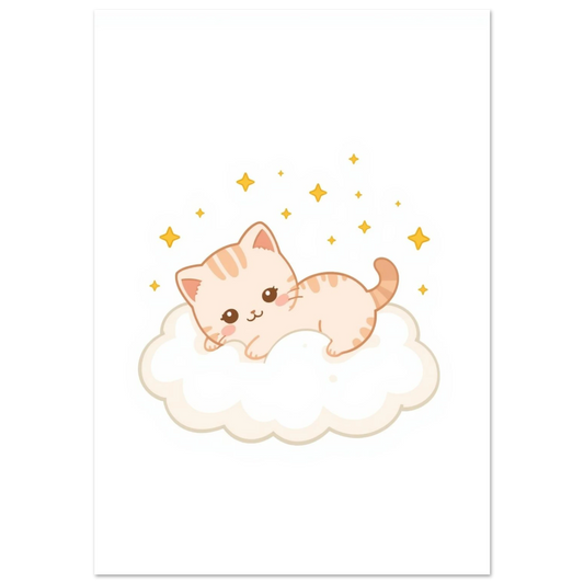 Kawaii kattunge som vilar på ett vitt moln – söt barnposter