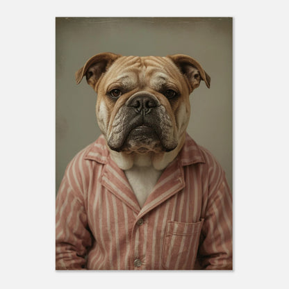 Stämningsfull fotoposter med bulldog i pyjamas, mjuk ljussättning och bruna toner