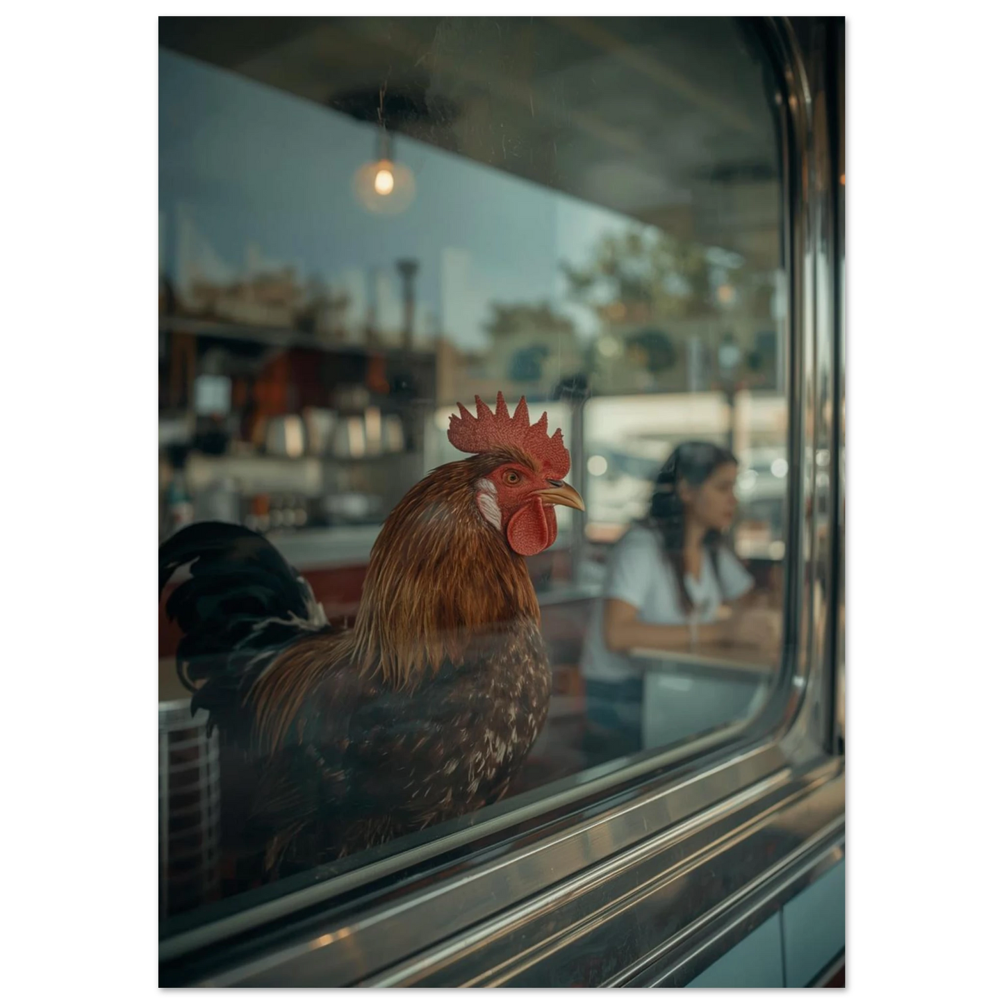 Gyllenbrun tupp mot suddig cafébakgrund, stämningsfullt fotografi för väggkonst