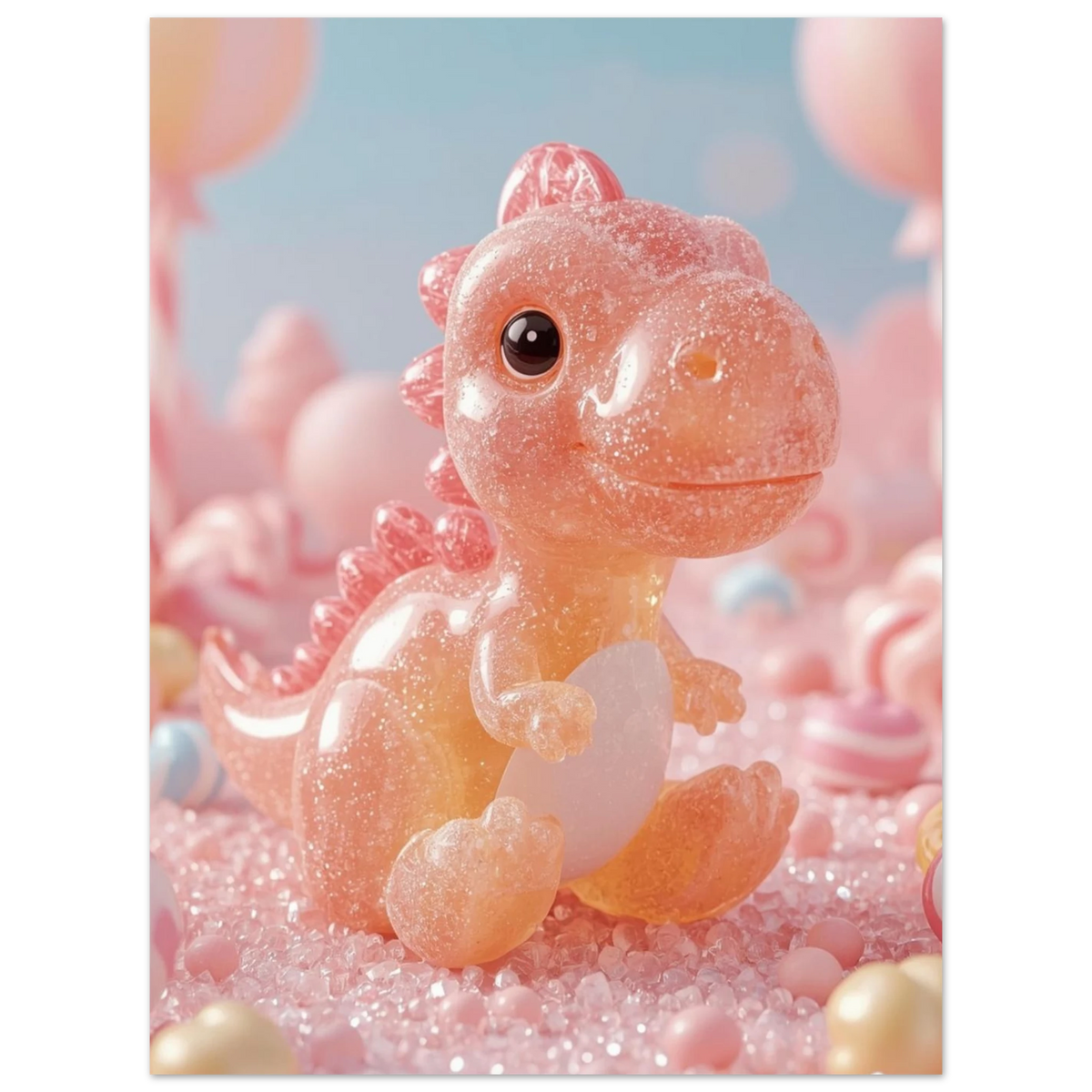 Charmig dinosaurieposter med gnistrande detaljer i mjukt rosa ljus