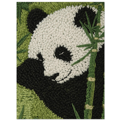 Svartvit panda mot grön bakgrund med realistisk broderieffekt på poster