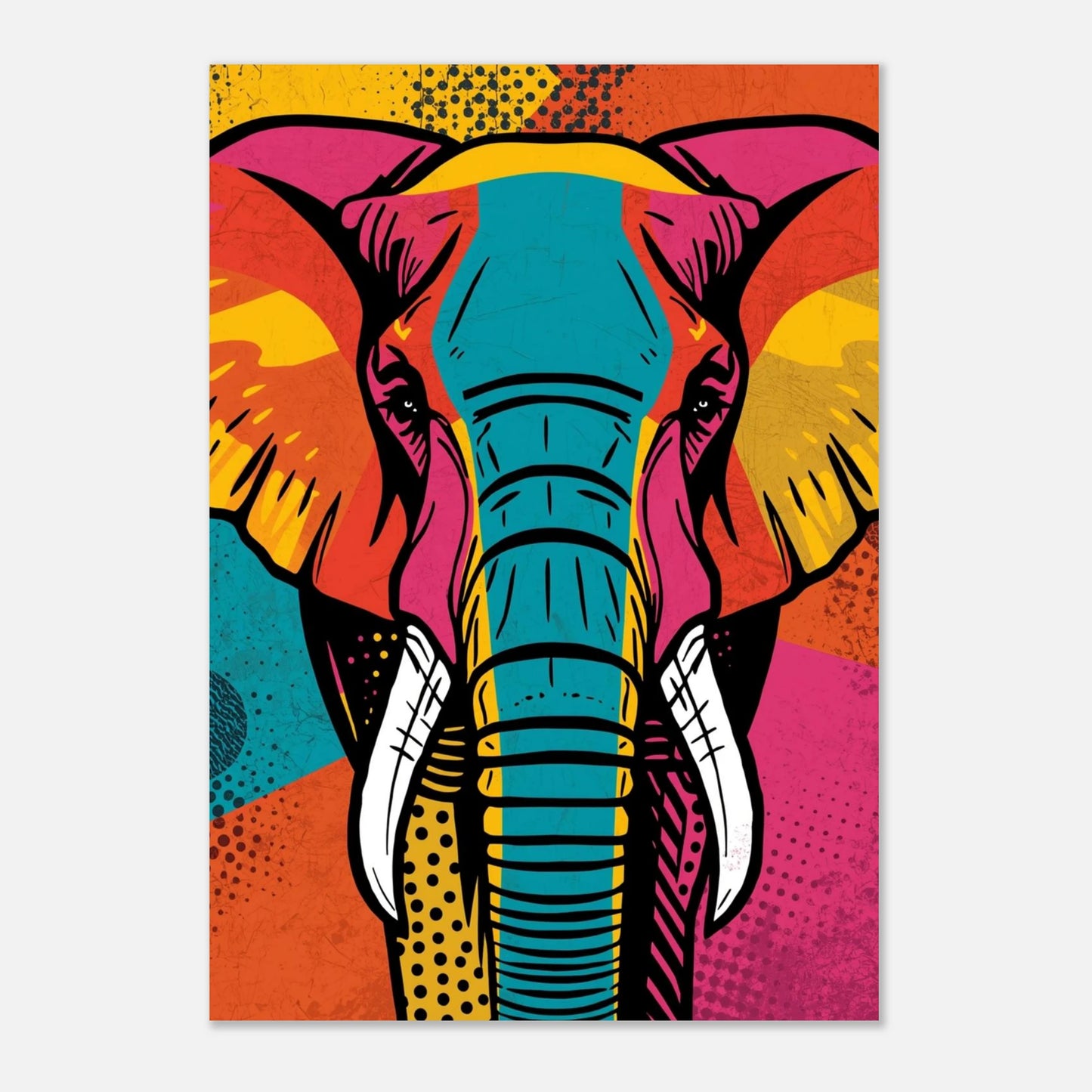 Konstnärligt porträtt av en elefant med kontrasterande gula och orangea toner