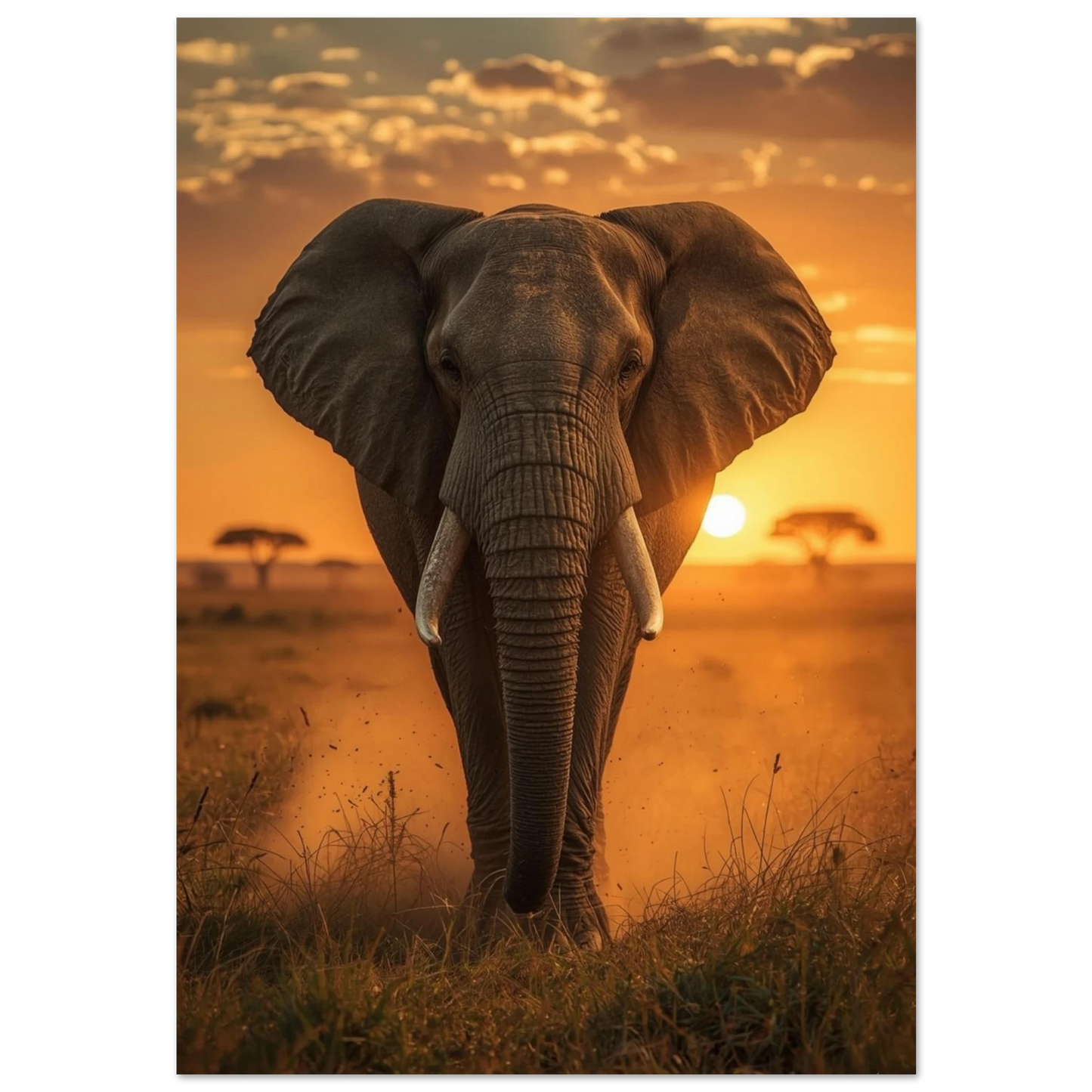Afrikansk elefant i motljus på savannen vid solnedgång – fotoposter
