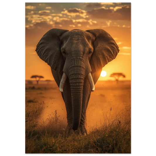 Afrikansk elefant i motljus på savannen vid solnedgång – fotoposter