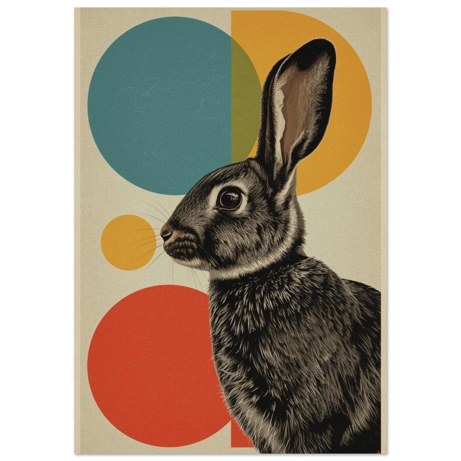 Detaljrik kanin i profil mot färgglada cirklar – retro poster