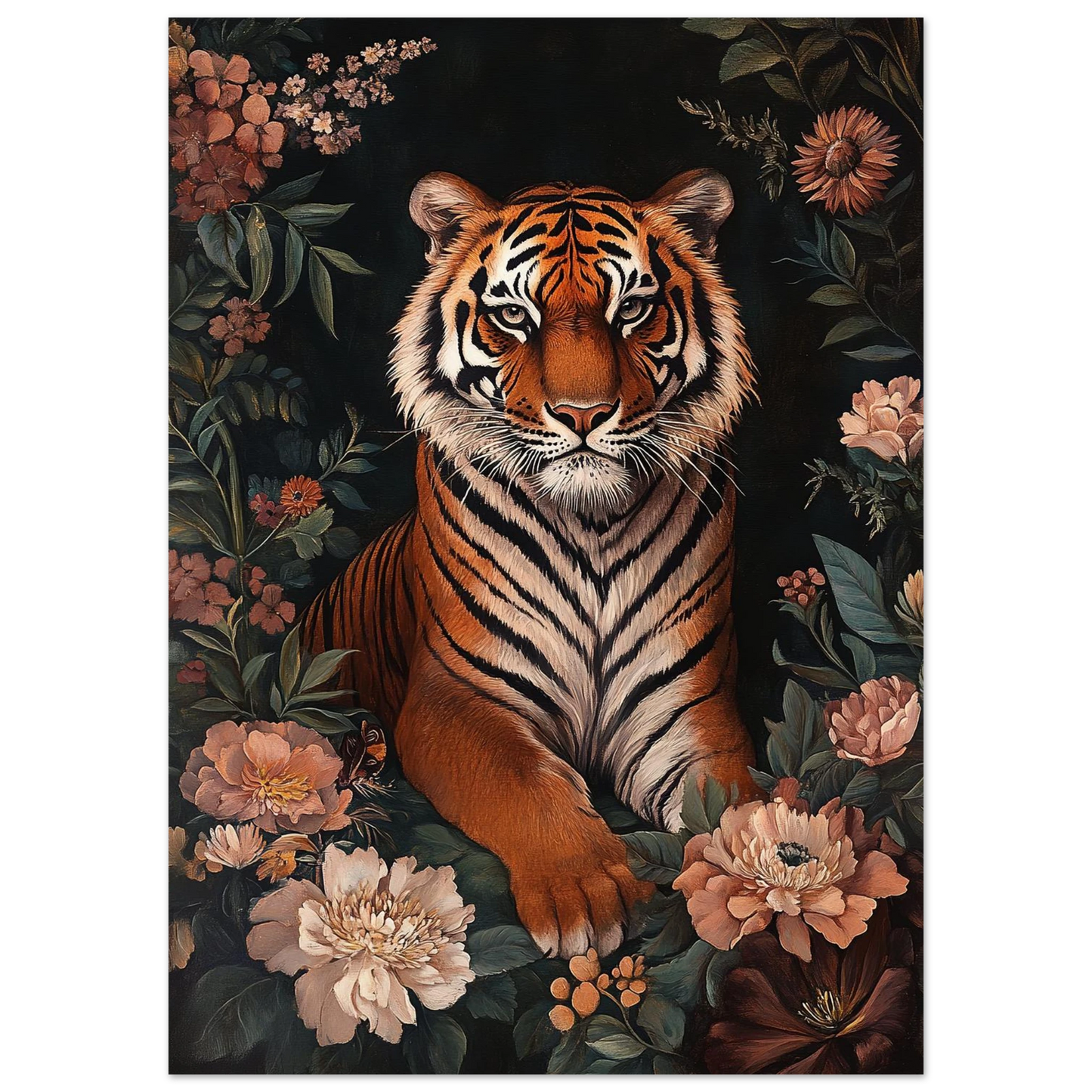 Närbild på tiger med intensiv blick omgiven av blommor i vintage-stil