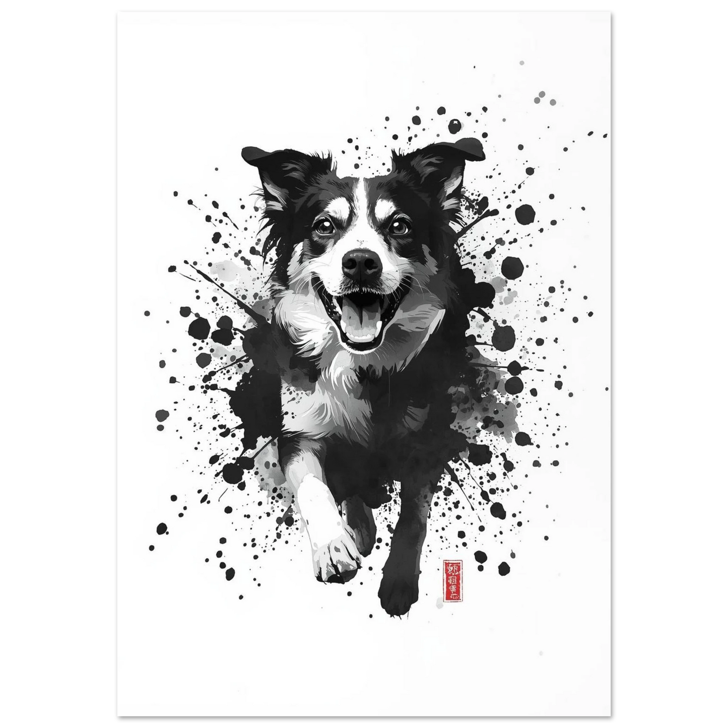Hund som springer genom svarta bläckstänk – målad poster