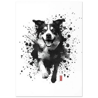 Hund som springer genom svarta bläckstänk – målad poster