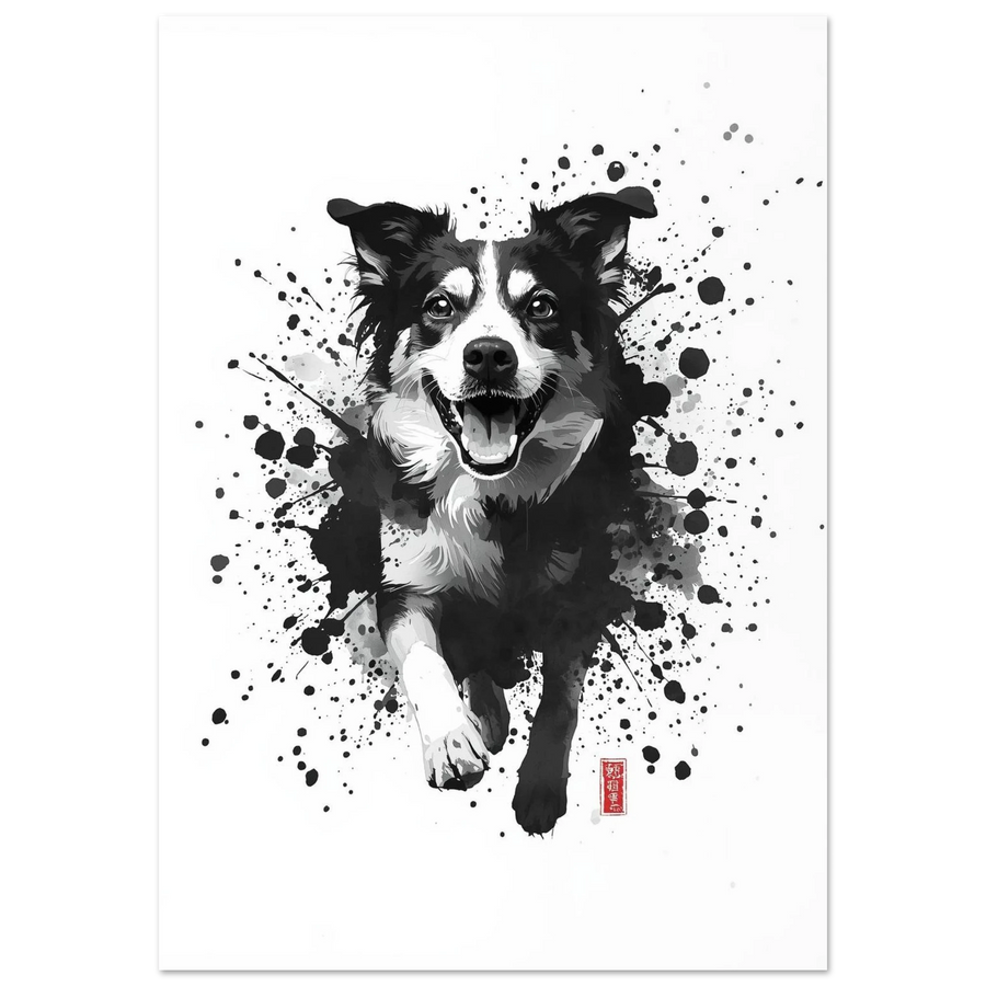 Hund som springer genom svarta bläckstänk – målad poster