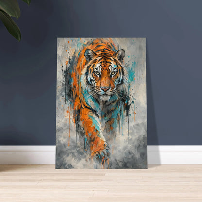 Tiger i expressiv oljemålning med intensiv blick och färgstänk