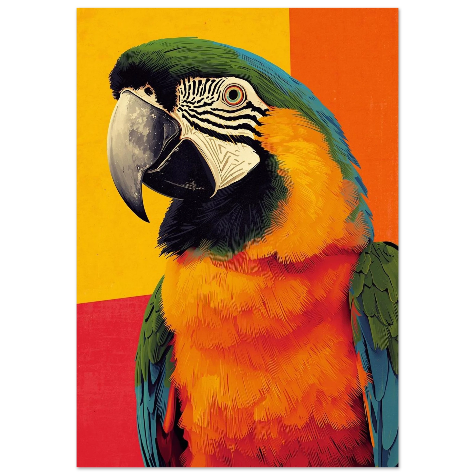 Närbild på en färgstark ara mot en grafisk bakgrund – Retro poster