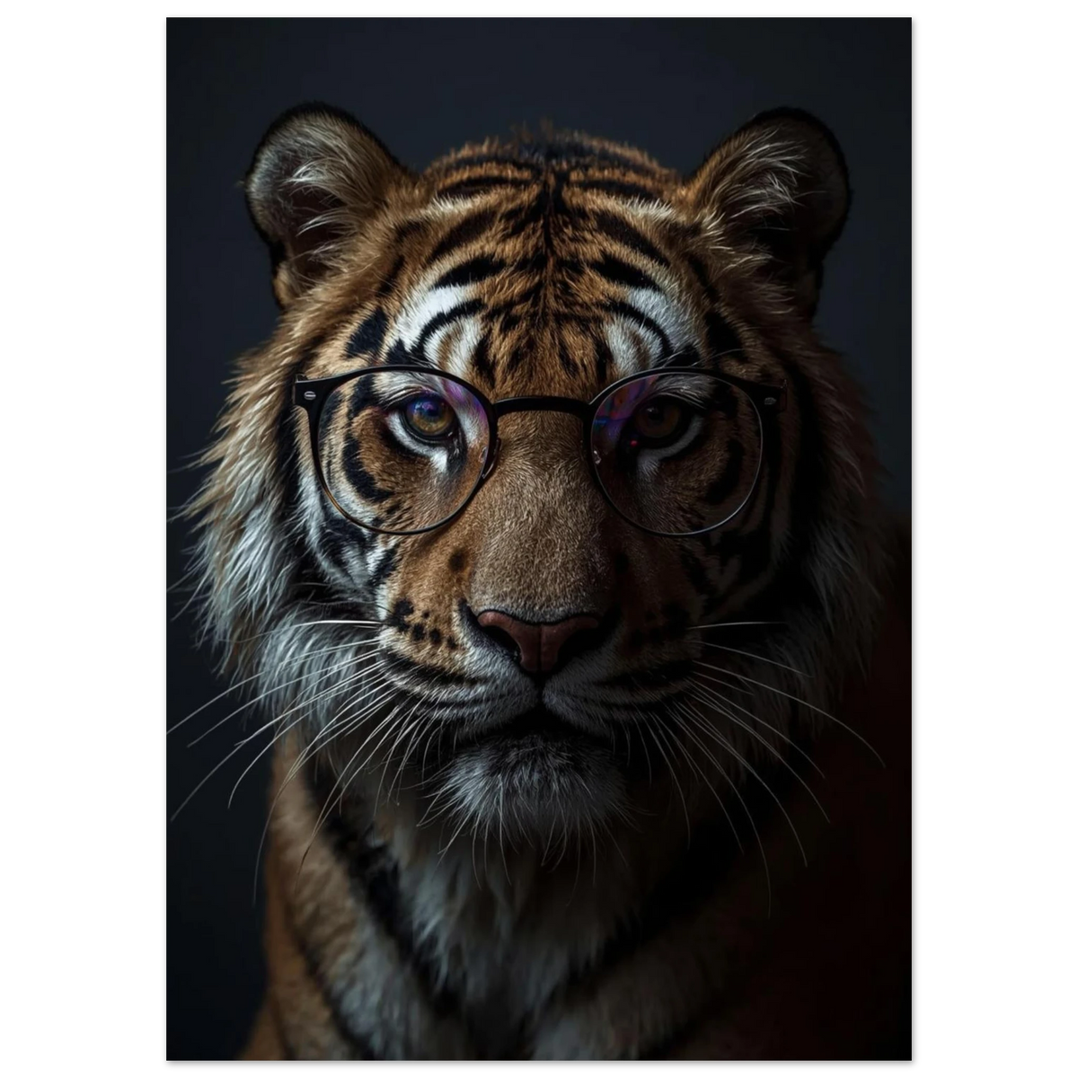 Närbild på tigern med glasögon, fokuserad blick på mörk bakgrund – Fotorealistisk poster