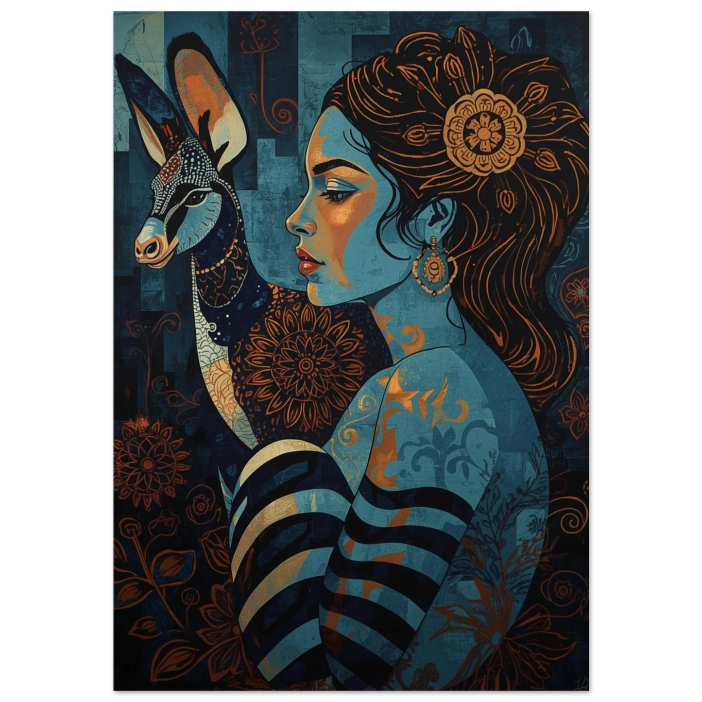 Folklore-inspirerad poster med blå kvinna och mönstrad antilop i profil