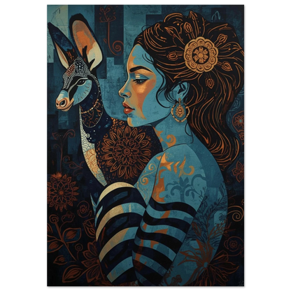 Folklore-inspirerad poster med blå kvinna och mönstrad antilop i profil
