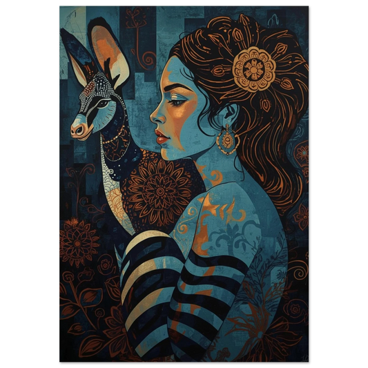 Folklore-inspirerad poster med blå kvinna och mönstrad antilop i profil