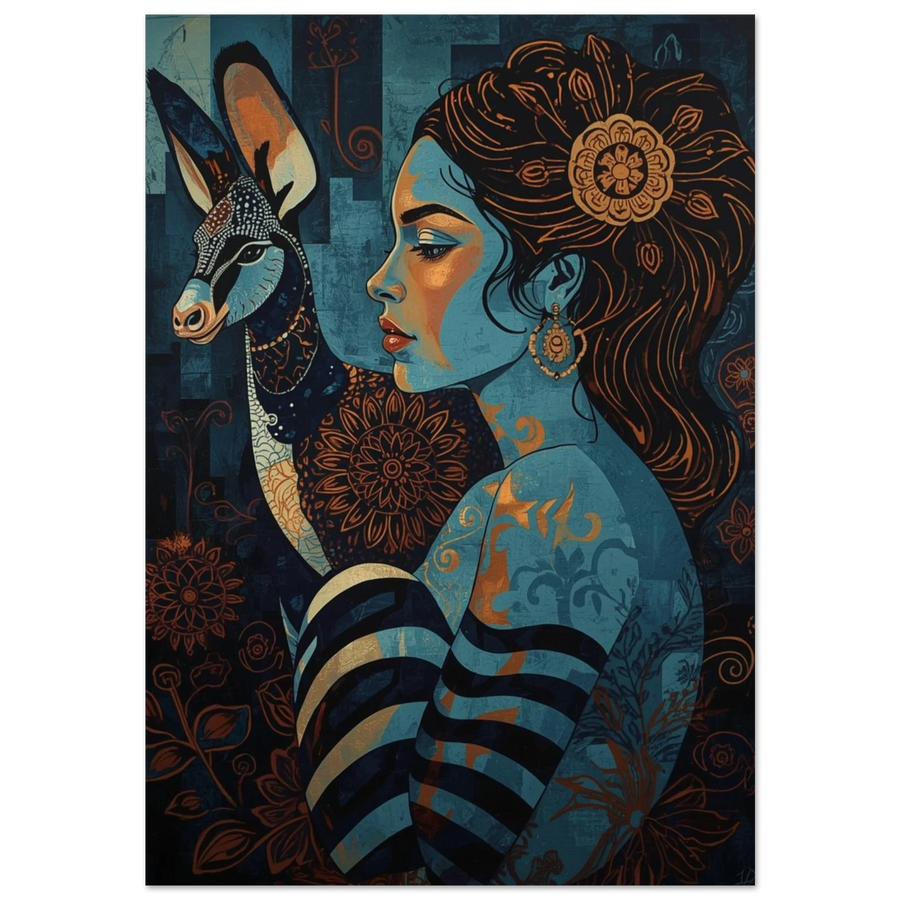 Folklore-inspirerad poster med blå kvinna och mönstrad antilop i profil