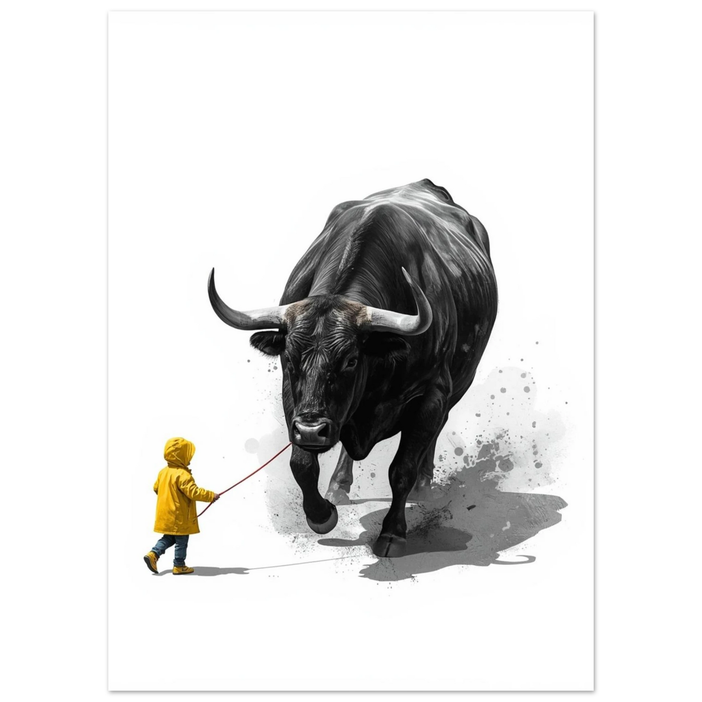 Illustration av kraftfull tjur och barn i gul jacka